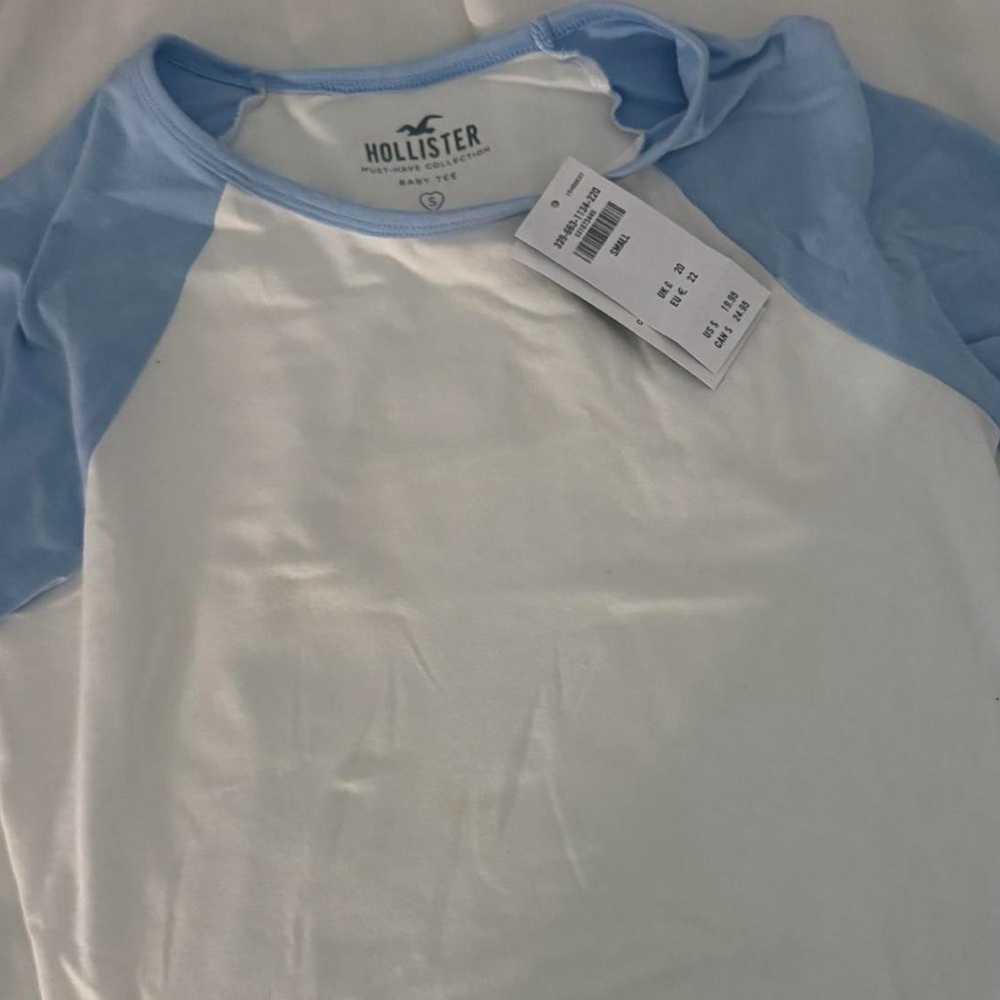 Hollister White Tee with Light Blue Raglan Sleeves